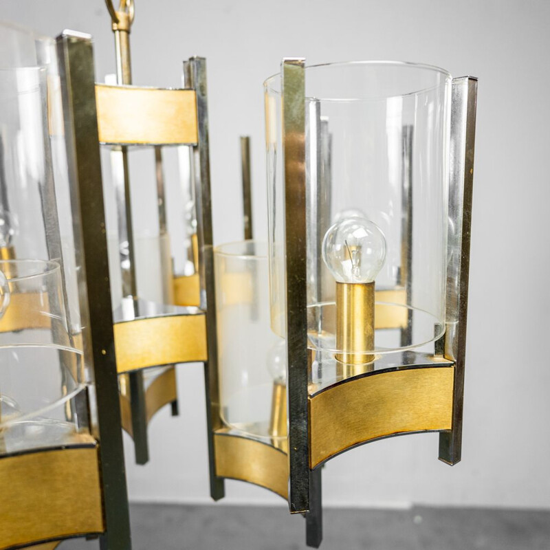 Vintage chrome and brushed brass chandelier by Gaetano Sciolari, 1960