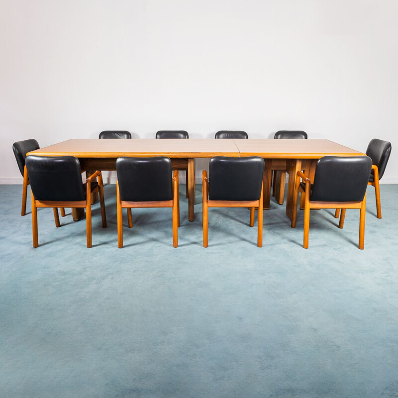 Bureau de réunion vintage en bois avec 10 chaises, 1970