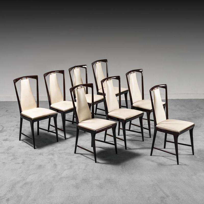 Set of 8 vintage wooden and leather chairs by Osvaldo Borsani, 1950s