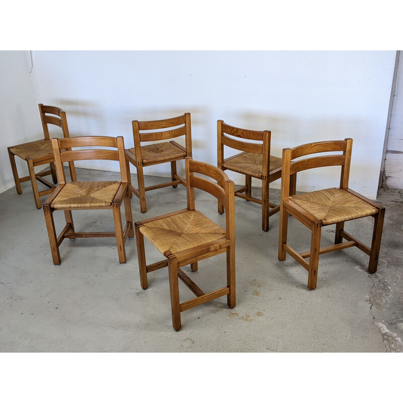 Set of 6 vintage solid elmwood and straw chairs by Maison Regain, France 1970