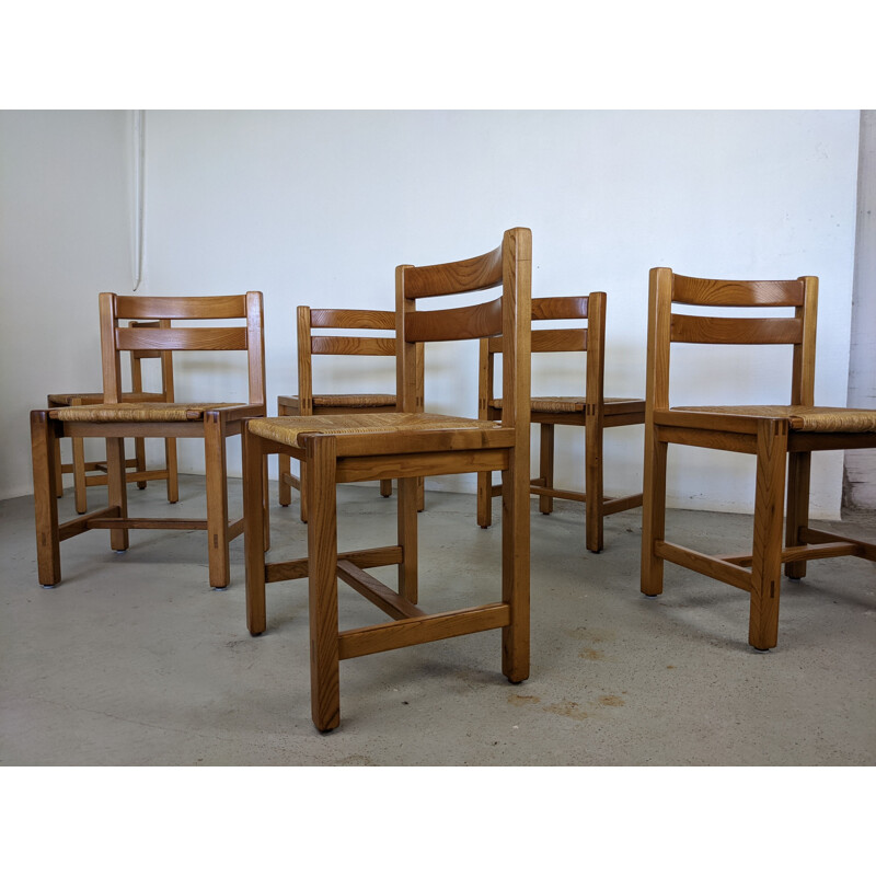 Set of 6 vintage solid elmwood and straw chairs by Maison Regain, France 1970