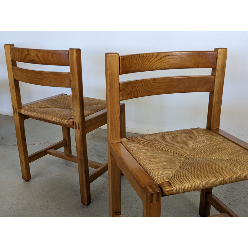 Set of 6 vintage solid elmwood and straw chairs by Maison Regain, France 1970