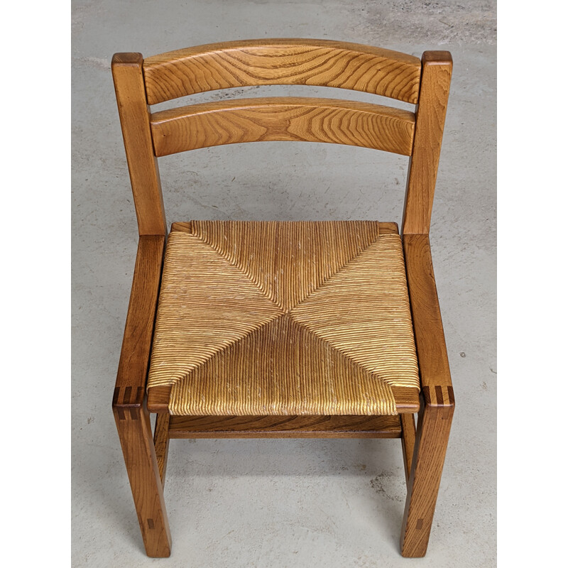 Set of 6 vintage solid elmwood and straw chairs by Maison Regain, France 1970