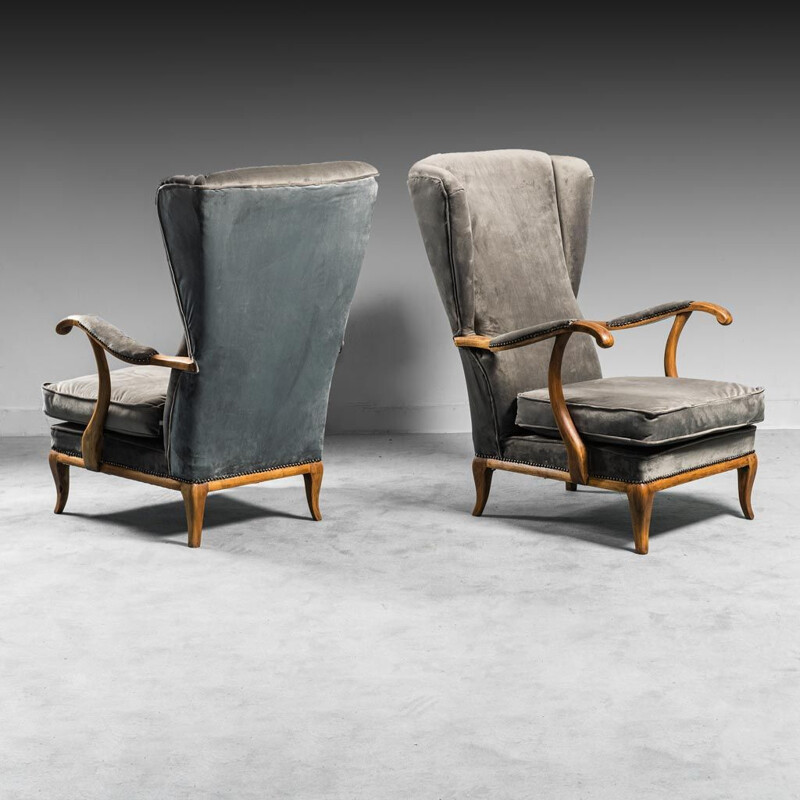 Paar vintage houten en fluwelen fauteuils van Paolo Buffa, 1950