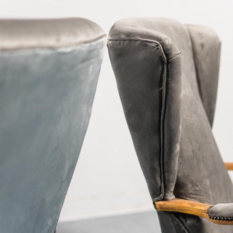 Pair of vintage wood and velvet armchairs by Paolo Buffa, 1950