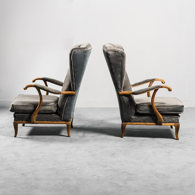 Pair of vintage wood and velvet armchairs by Paolo Buffa, 1950