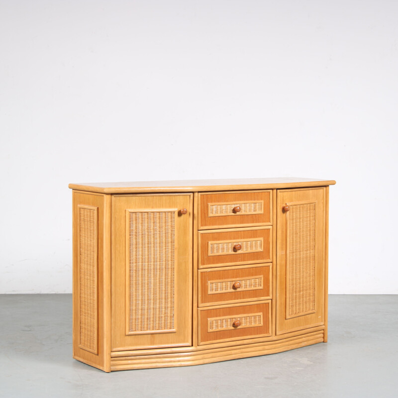 Vintage wood and rattan sideboard, Italy 1970s