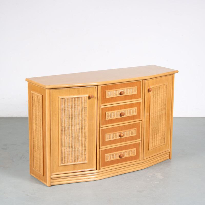 Vintage wood and rattan sideboard, Italy 1970s