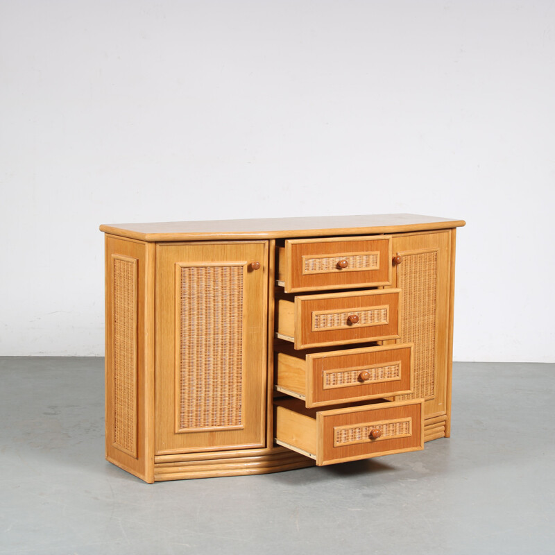 Vintage wood and rattan sideboard, Italy 1970s