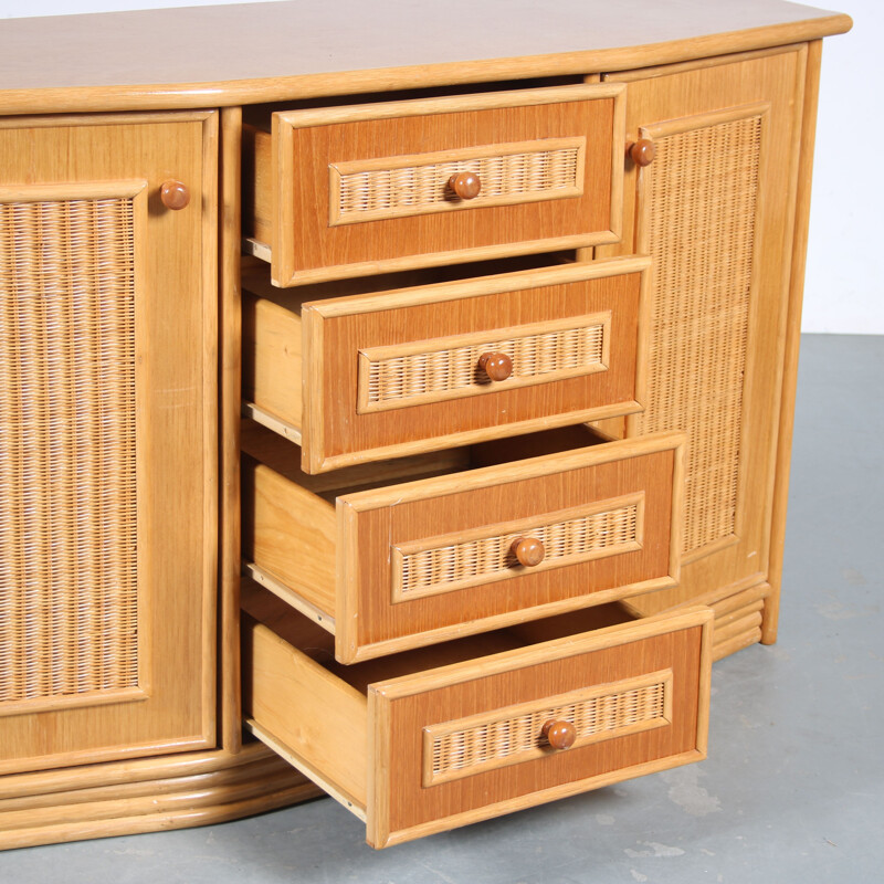 Vintage wood and rattan sideboard, Italy 1970s