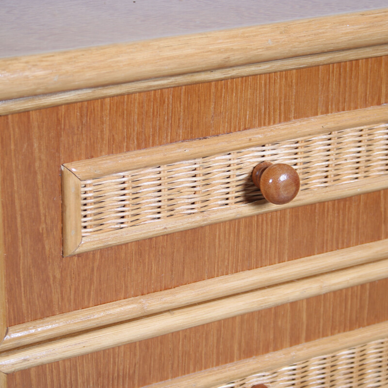 Credenza vintage in legno e rattan, Italia 1970