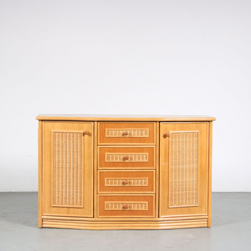 Vintage wood and rattan sideboard, Italy 1970s