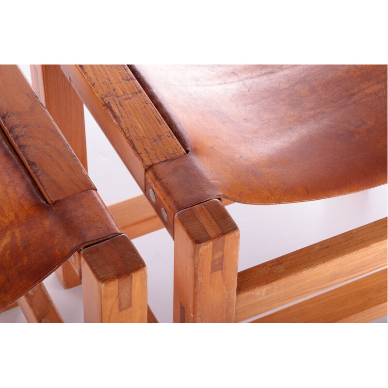 Pair of vintage stools in elm wood with leather by Maison Regian, 1970