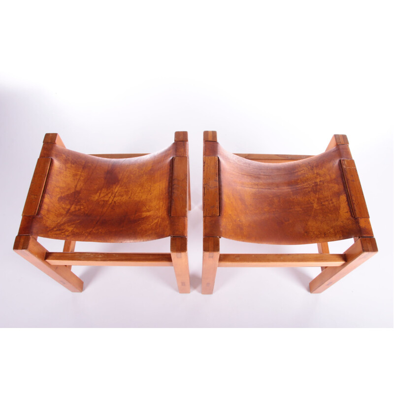 Pair of vintage stools in elm wood with leather by Maison Regian, 1970