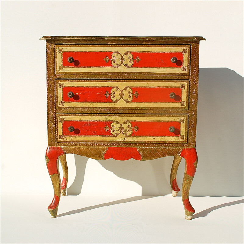 Vintage Florentine gilt and red chest of drawers, Italy 1960s