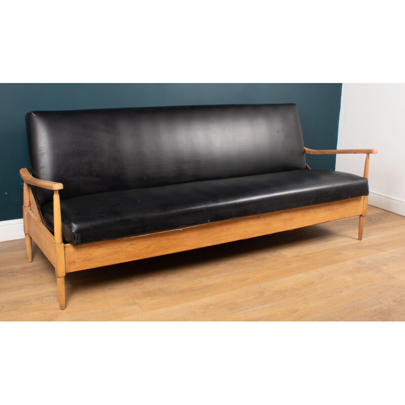 Mid century teak & beechwood daybed with black leather, 1960s