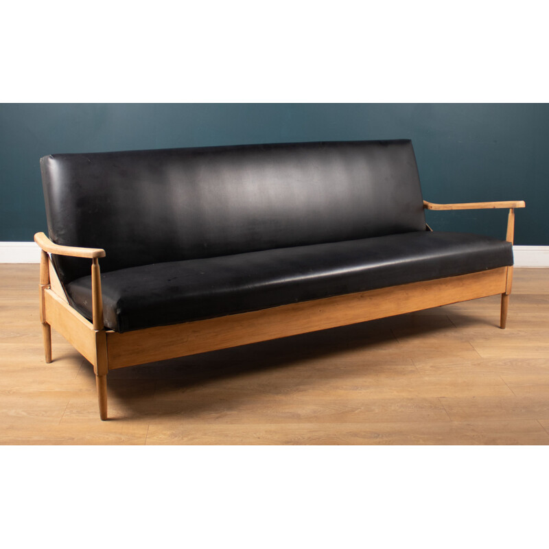 Mid century teak & beechwood daybed with black leather, 1960s