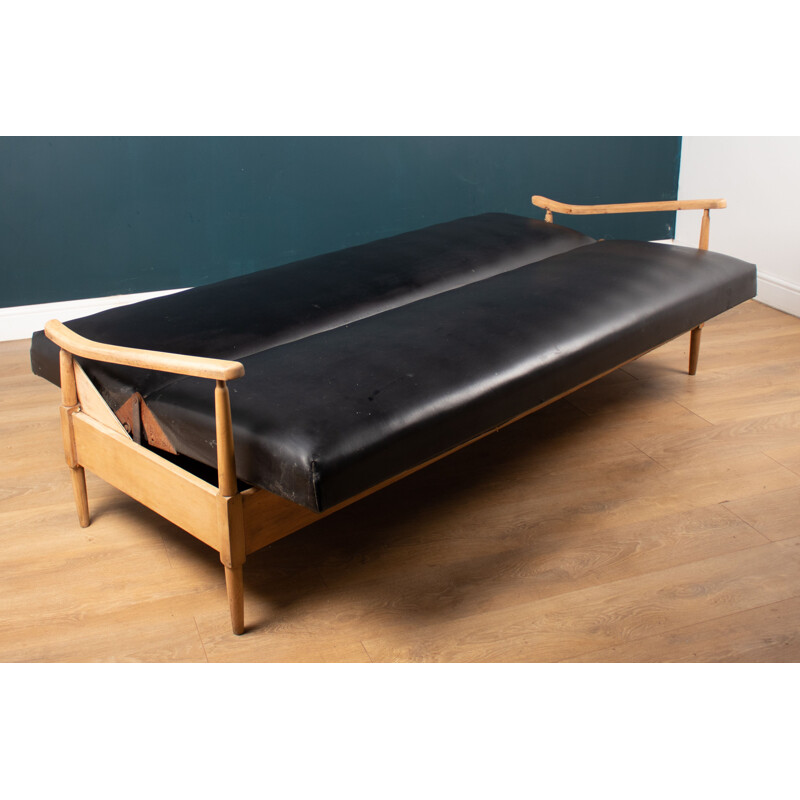 Cama de madeira de teca e faia Vintage com couro preto, 1960