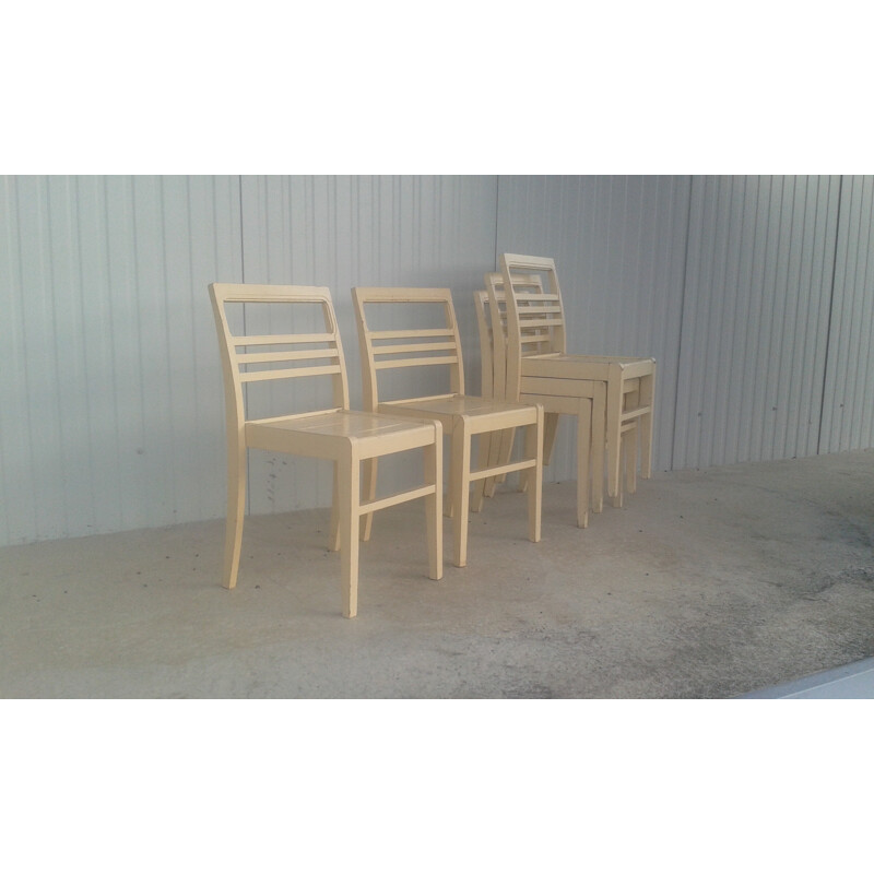 Lot de 5 chaises en bois beiges, René GABRIEL - 1950