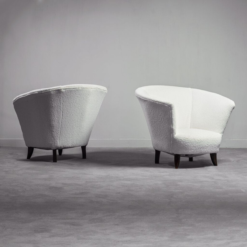 Pair of vintage wooden and fabric armchairs, 1950
