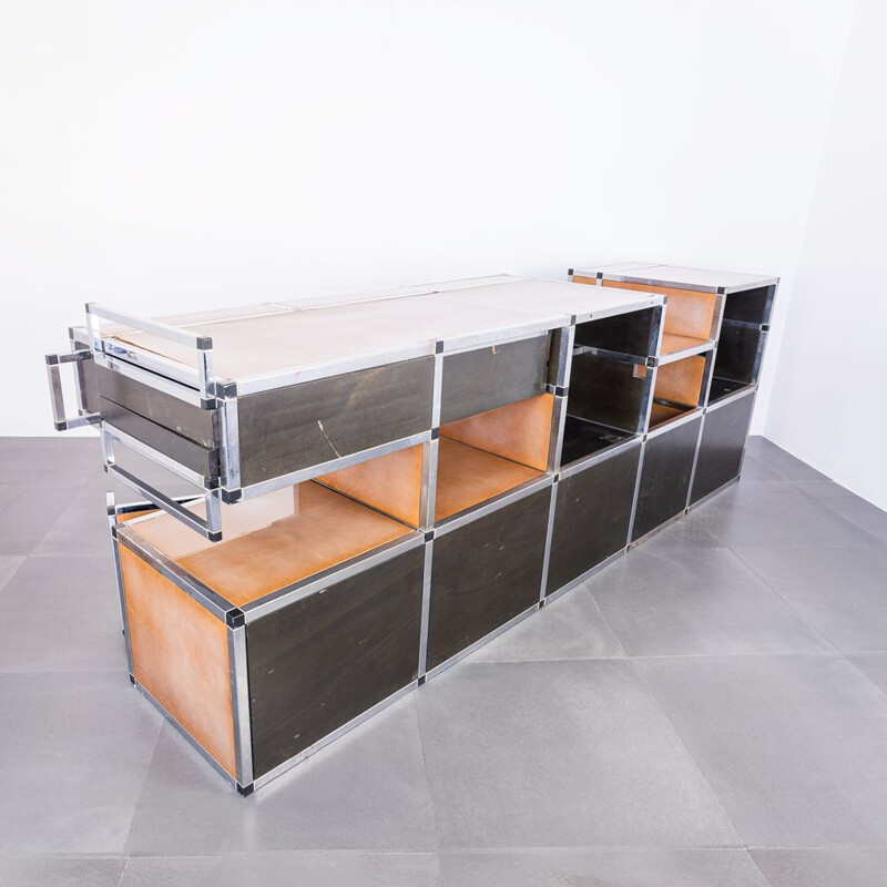 Modular multifunctional vintage sideboard in chrome steel, 1970