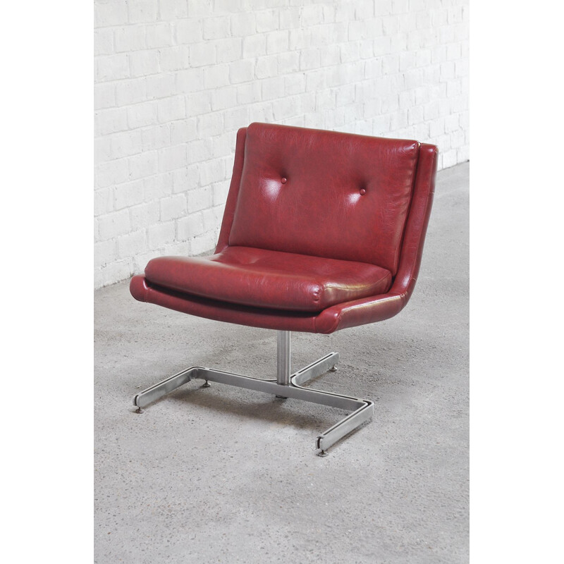 Franse vintage fauteuil in rood leer en roestvrij staal van Raphael Raffel, 1970