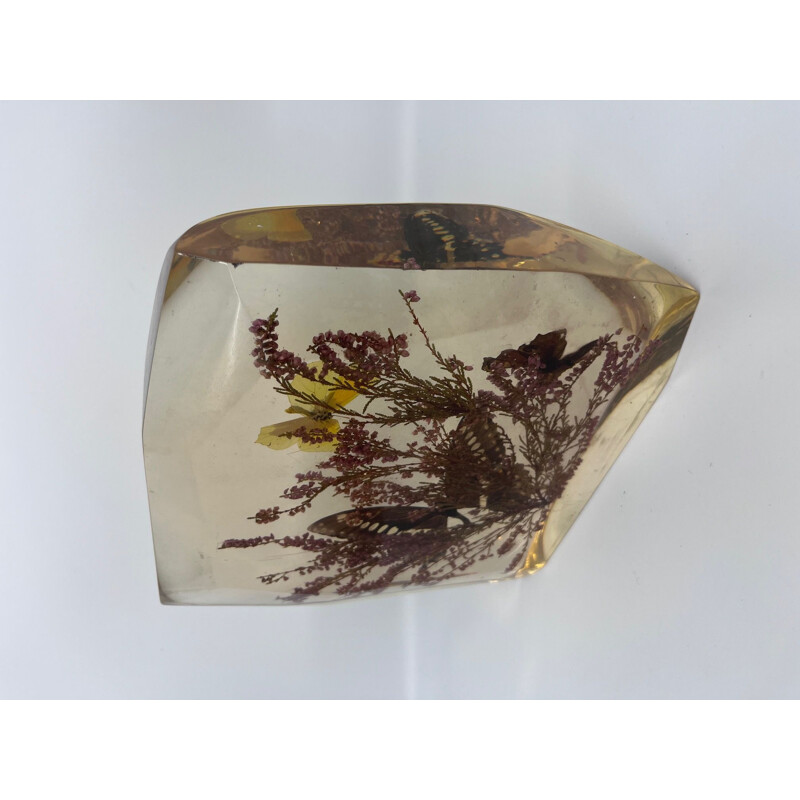 Vintage resin block with naturalized butterflies, 1970