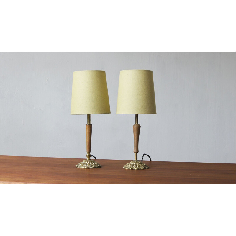 Pair of vintage teak and brass table lamps, 1960s