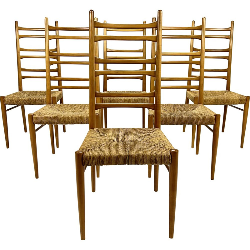 Set of 6 mid century Italian birchwood and rush dining chairs, 1960s