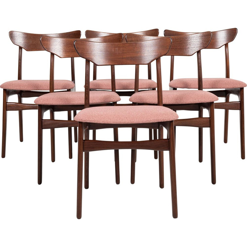 Conjunto de 6 cadeiras de teca vintage e tecido dinamarquês de Schiønning