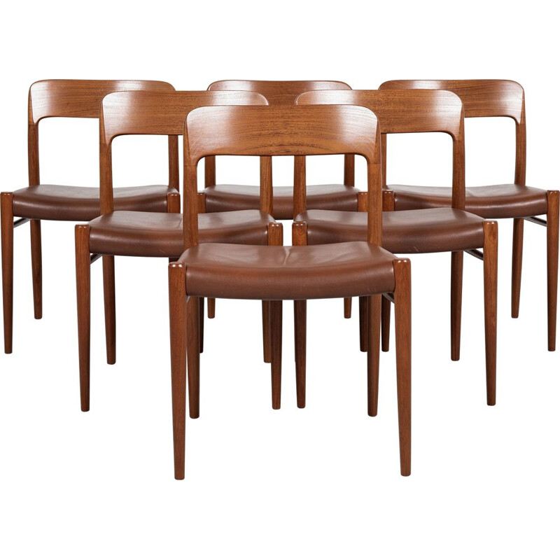 Ensemble de 6 chaises danoises vintage modèle 75 en teck et cuir aniline par Niels Otto Møller, 1960