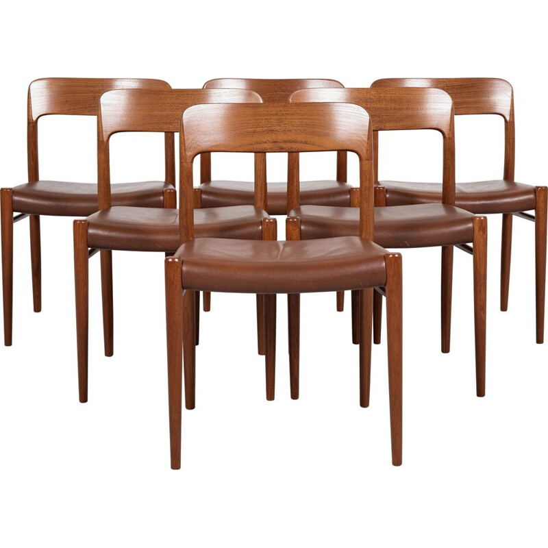 Conjunto de 6 cadeiras dinamarquesas vintage modelo 75 em teca e couro anilina de Niels Otto Møller, 1960