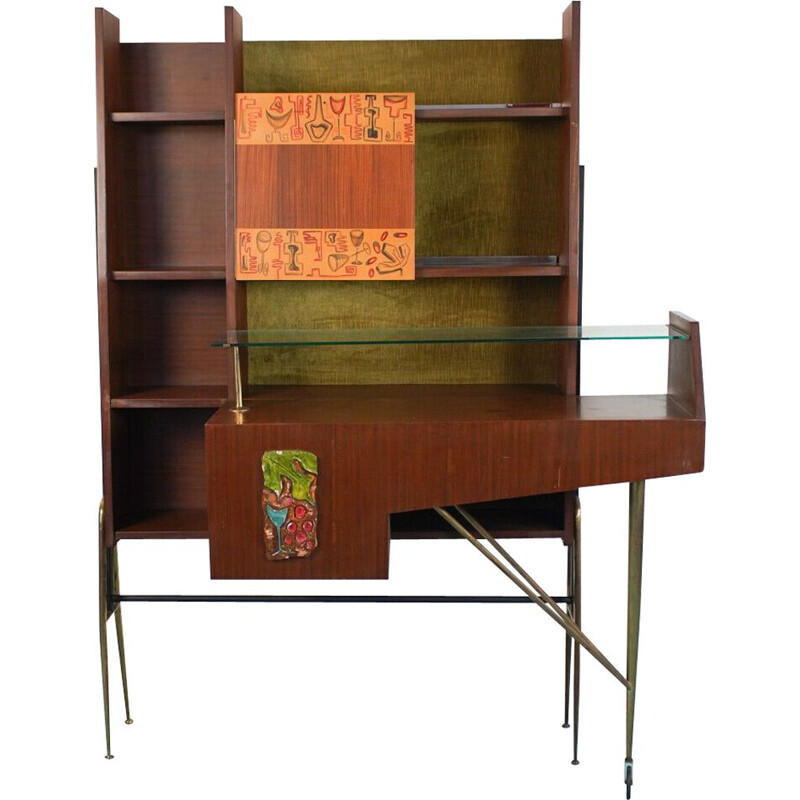 Vintage wood corner bar with shelves and countertop, 1960
