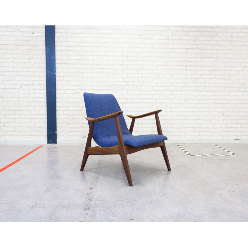 Vintage afromosia teak and blue fabric lounge chair - 1950s