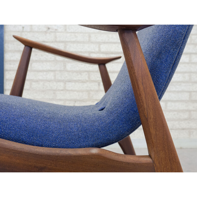 Vintage afromosia teak and blue fabric lounge chair - 1950s