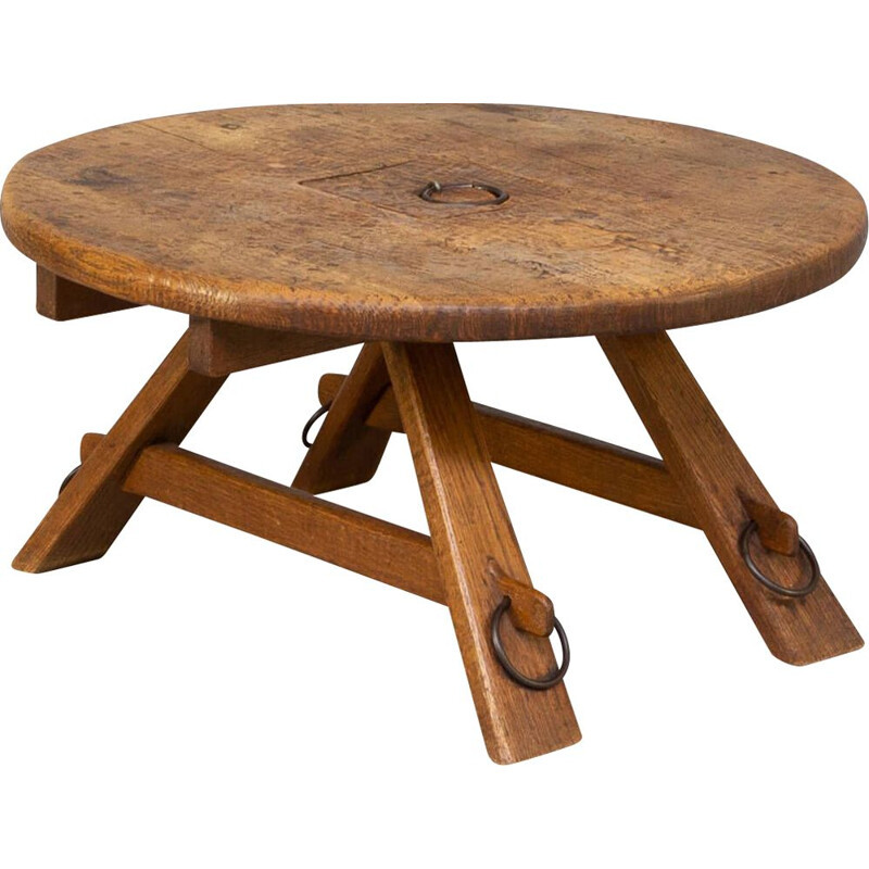 Table basse ronde brutaliste vintage en chêne