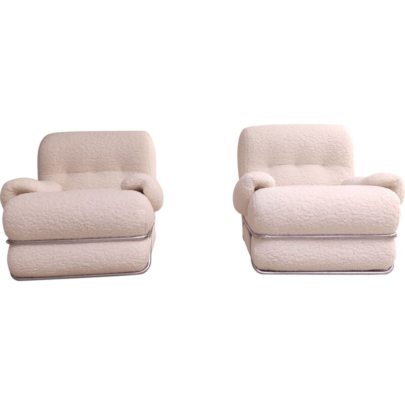 Pair of vintage Pop Italian armchairs in white curly, 1970