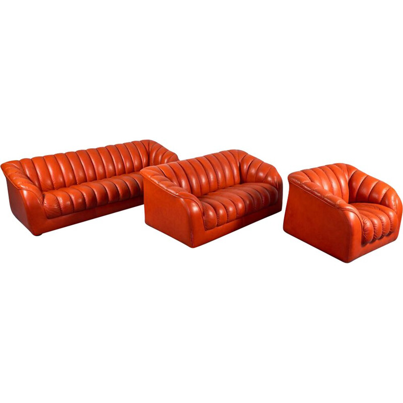 Vintage oranje lederen lounge set, 1970