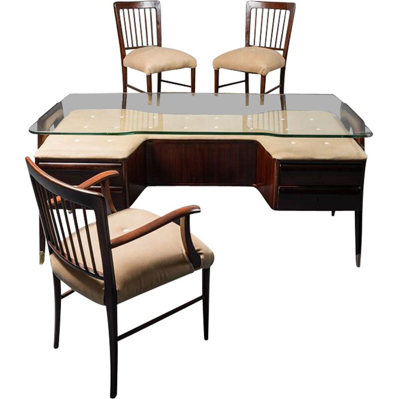 Vintage-Schreibtisch aus Holz und beigem Leder mit drei Stühlen von Vittorio Dassi, 1950