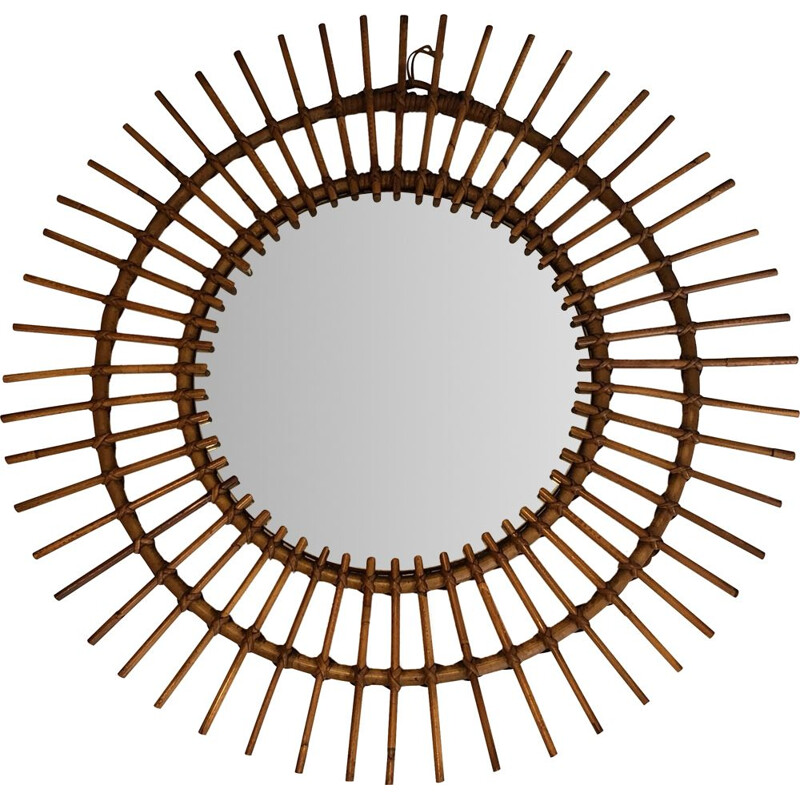 Vintage round mirror in rattan, France 1950