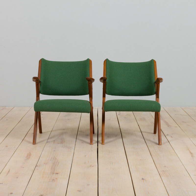 Pair of vintage Dal Vera model 3011 armchairs in green wool by Colegoano Italia, 1950s