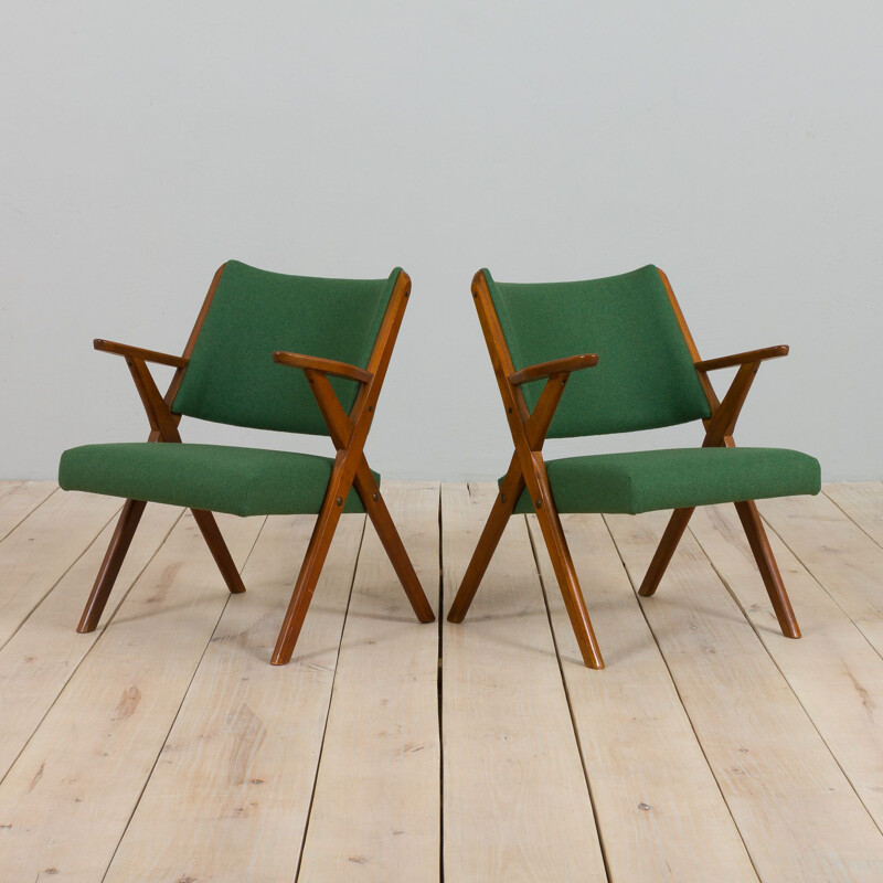 Pair of vintage Dal Vera model 3011 armchairs in green wool by Colegoano Italia, 1950s