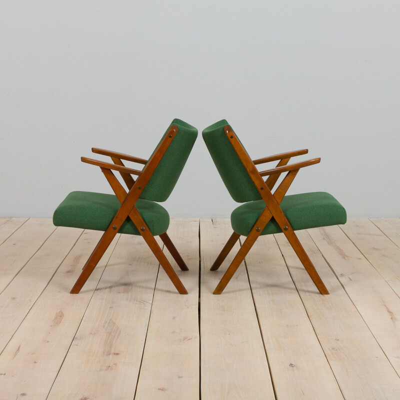 Pair of vintage Dal Vera model 3011 armchairs in green wool by Colegoano Italia, 1950s