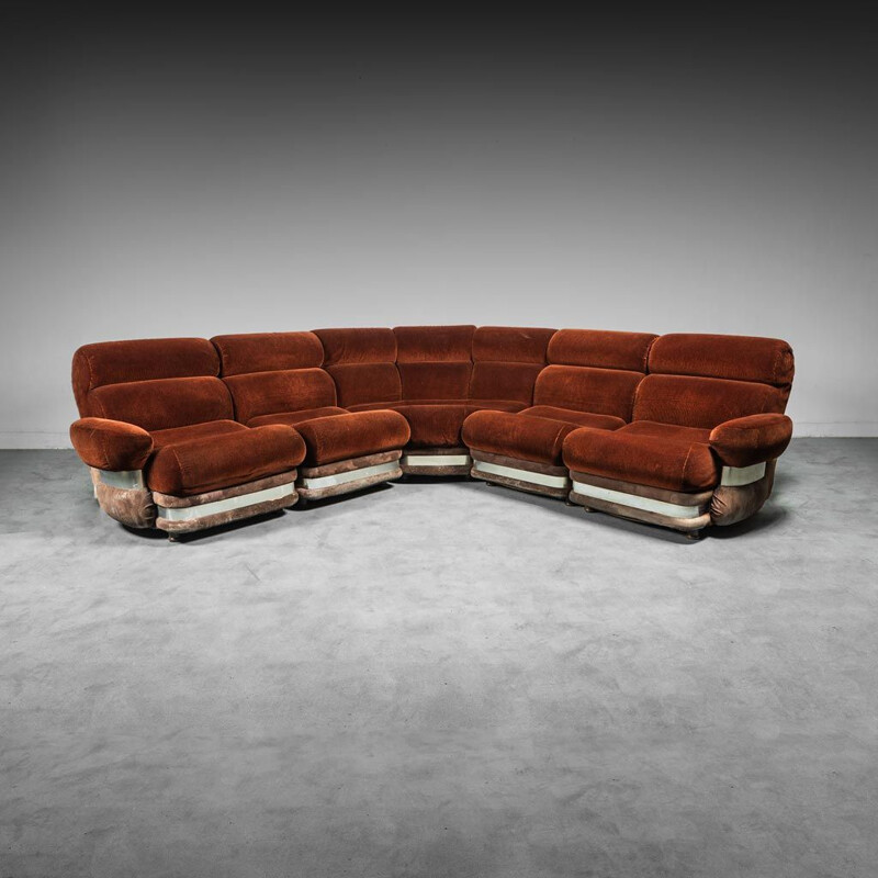 Vintage modular living room set in burgundy fabric, 1970s