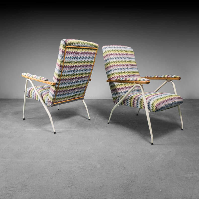 Paar vintage stoffen en metalen fauteuils, 1970