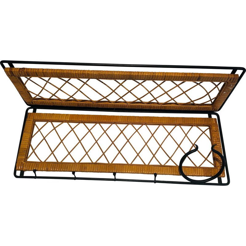 Vintage coat rack in lacquered metal and rattan, France 1950