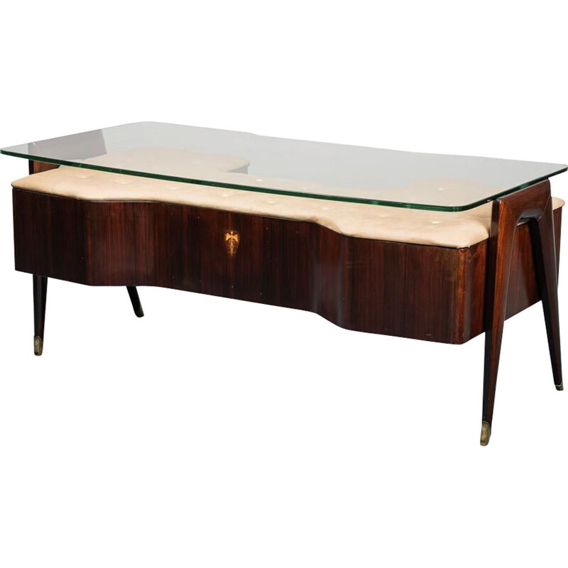 Vintage wood and beige leather desk by Vittorio Dassi, 1950s