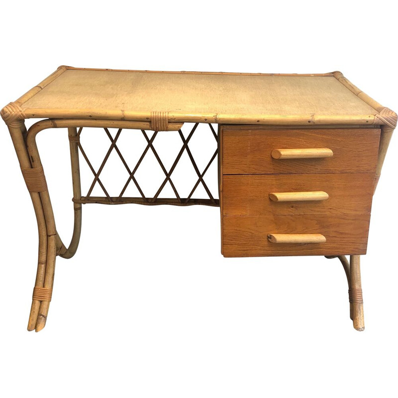 Vintage rattan desk by Audoux Minet, 1970