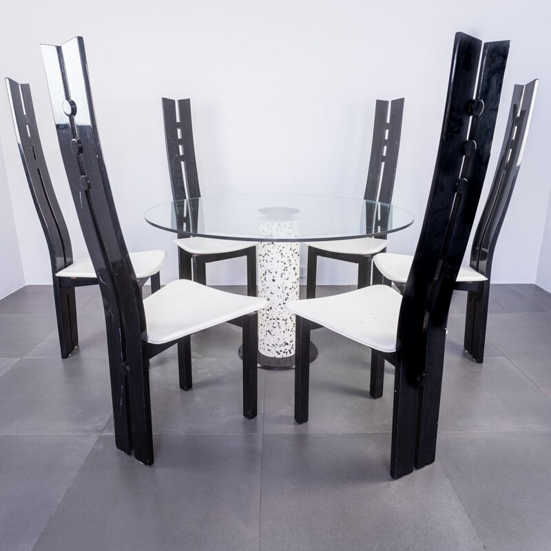 Set da pranzo vintage in legno e vetro laccato nero, 1980