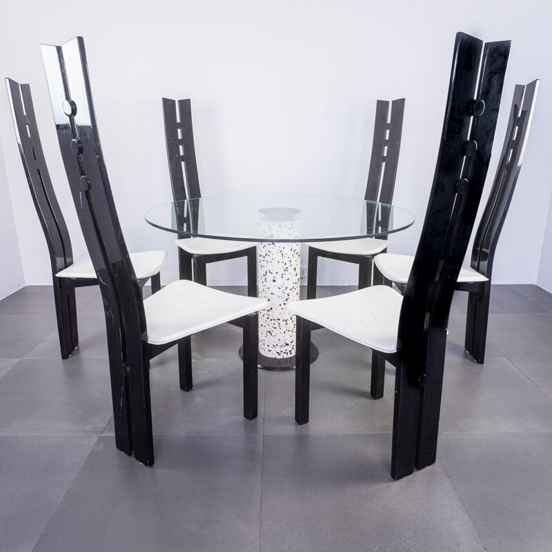 Vintage dining set in black lacquered wood and glass, 1980s